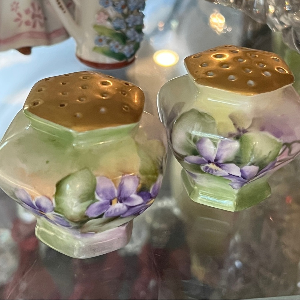 Antique hand-painted Gold Purple Violets Porcelain Salt and Pepper Shakers